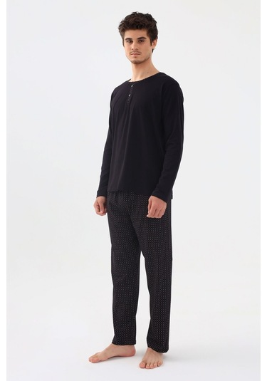 Erkek Pamuklu, Likralı, Yaka Düğmeli Ve Cep Detaylı Pijama Takımı Ko6300pj-1 Siyah