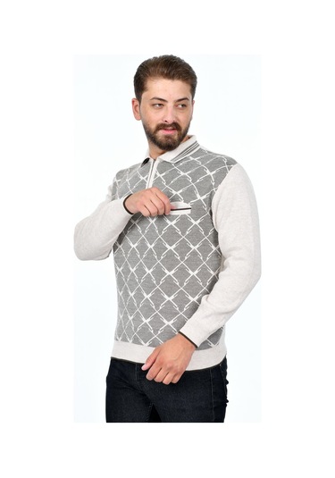 Kamalı Erkek Çelik Örgü Gömlek Yaka Cepli Fermuarlı Polo Yakalı Tüylenmeyen Triko Kışlık Baba Kazak Taş