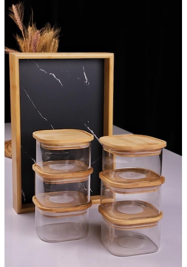 Duo 400ml 6'lı Bambu Siyah Mermer Desen Tepsili Bambu Vakumlu Kapaklı Cam Kahvaltılık Bambu