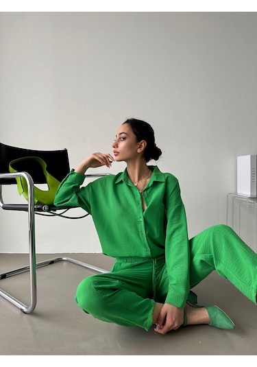 Kadın Oversize Keten Gömlek Pantolon Alt Üst Takım Yeşil