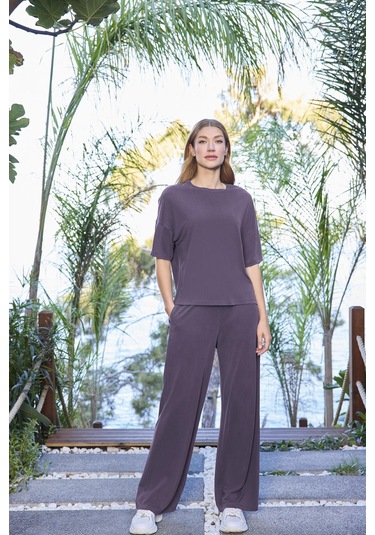 Monamise Kadın Kısa Kollu Bisiklet Yaka Alt Üst Takım 25080 Mor