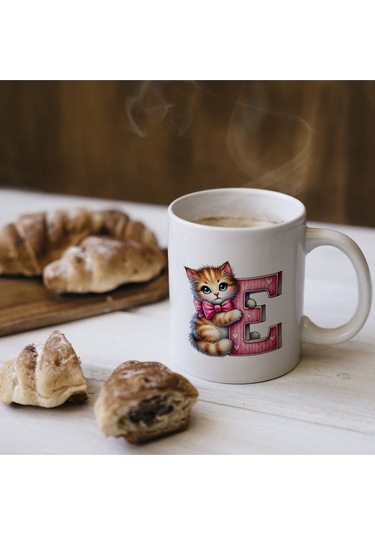 E Harfli Bardak, Sevimli Kedili Pembe Tasarım Bardak, Arkadaşa Aileye Hediye Porselen Beyaz