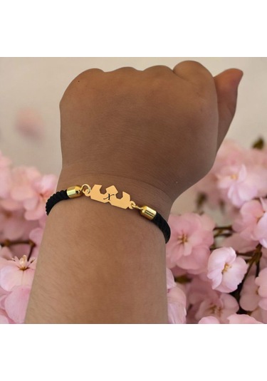 X Harfine Özel Siyah İpek Örgülü Taç Figürlü 14 Ayar Altın Plakalı Hediye Bileklik-507harf X