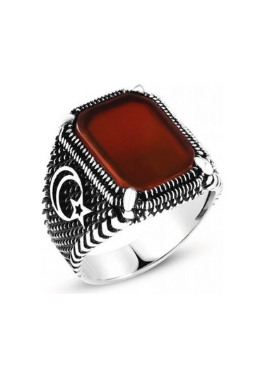 Gümüş Ay Yıldız Desenli Kare Akik Taşlı Erkek Yüzük