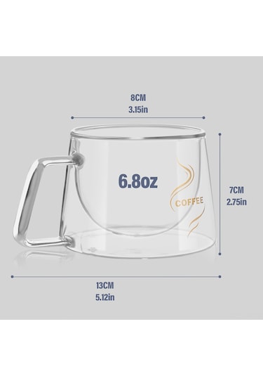 Vkemall 2'li Isı Yalıtımlı Cam Kahve Bardakları - Borosilikat, Mikrodalga & Bulaşık Makinesine Uygun, Soğuk Dokunuş, 101-200ml Şeffaf