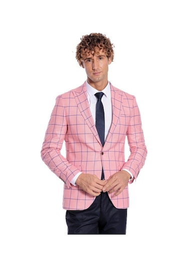 Mavi Kare Desenli Slim Fit Pembe Erkek Ceket 001