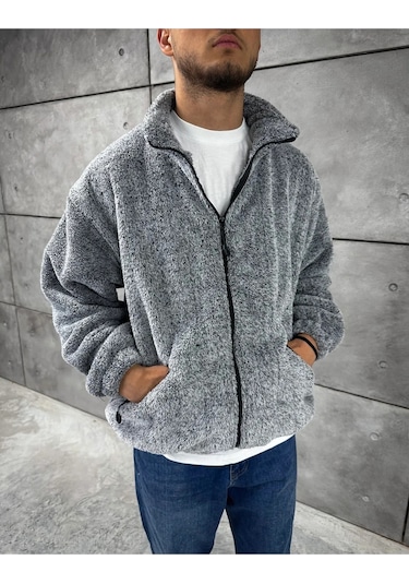 Fifty Color Gri Peluş Dik Yaka Cepleri Fermuarlı Oversize Peluş Ceket Gri Melanj
