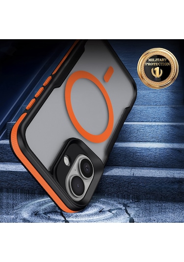 İphone Uyumlu 16 Plus Kılıf M-safe Şarj Özellikli Renkli Kenar Airbag Şeritli Lamer Kılıf Turuncu