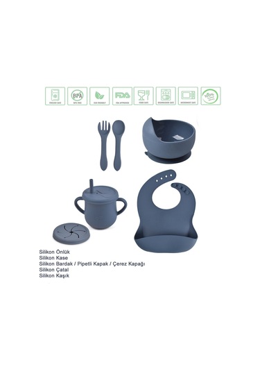 Jojobebek Silikon Vakumlu Kase, Silikon Çatal-kaşık, Silikon Pipetli Bardak, Çerez Kapağı, Önlük / Lacivert