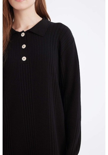 DeFacto Regular Fit Polo Yaka Basic Düz Maxi Triko Elbise D5434AX24WNBK81 Siyah