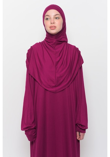Pratik Tek Parça Pamuklu Yarasa Kollu Tak Çıkar Başörtülü Tesettür Namaz Elbisesi Koyu Fuşya Çok Renkli