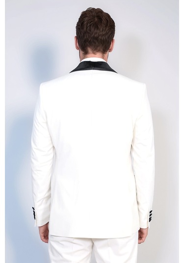 Klasik Kadife Yaka Beyaz Smokin Takım - Wessi Mavi