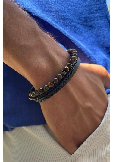 Kahverengi Doğal Taşlı El İşçiliği İle Üretilmiş Hakiki Deri Erkek Bileklik Kahverengi