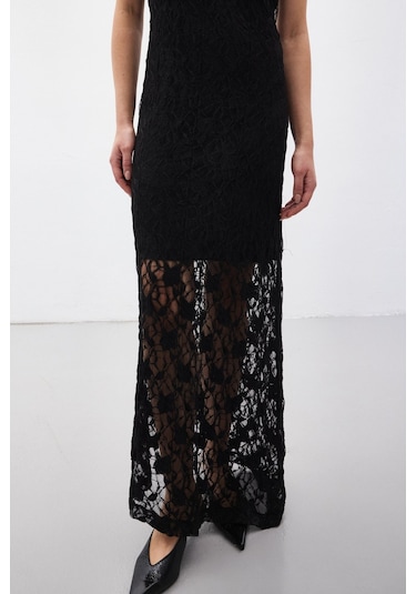 Sateen Dantel Kolsuz Elbise - Siyah-137060 Siyah