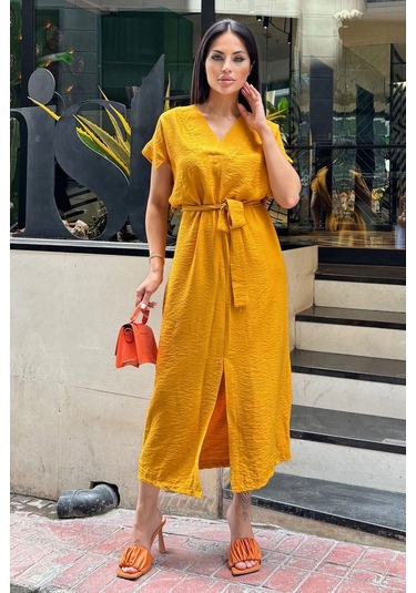 Hardal V Yaka, Kısa Kol, Airobin Kumaş, Omuz Detaylı, Kemerli/kuşaklı, Önden Yırtmaçlı Maxi Elbise Hardal
