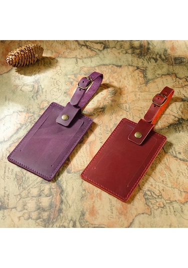 Fochsia Siyah Deri Bagaj Etiketi Kart Askısı - Gerçek Deri Kayıp Önleme Bilgi Kartı Taşıyıcı Çantası Vintage Taşınabilir