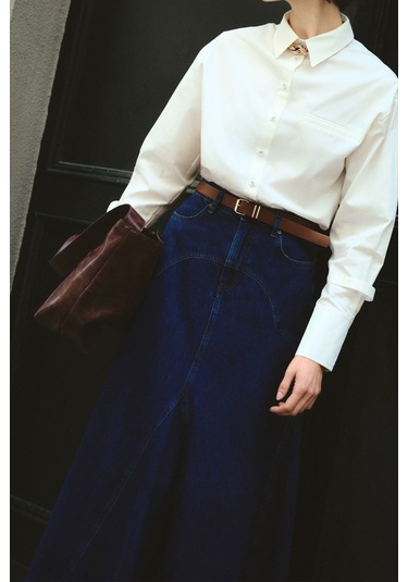 Mizalle Parça Volanlı Lacivert Maksi Denim Etek Lacivert