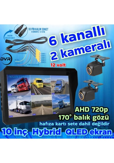 2 Adet 170 Derece Balık Gözü Kamera 10 İnç 6 Kanallı Qled Ekran