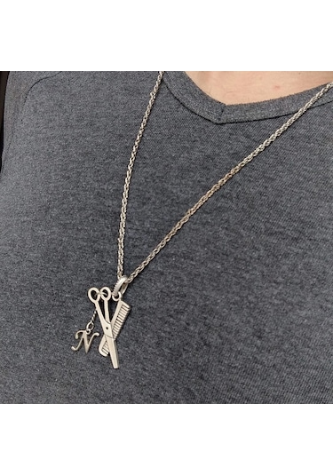 Harfli Kişiye Özel Berber Makas Tarak Erkek Kolye Takı K24 T5