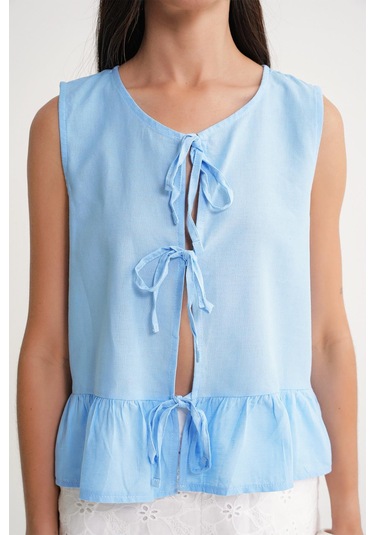 4717 Kadın Önü Bağcıklı Fırfırlı Kolsuz Keten Bluz Mavi Mavi