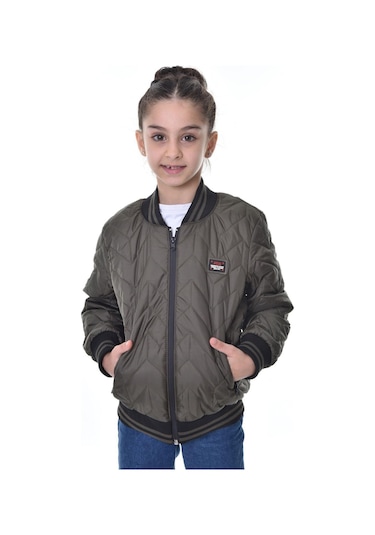 Kız Çocuk Kolej Yaka Astarlı Su Ve Rüzgar Geçirmez Fermuarlı Mont Ceket Haki