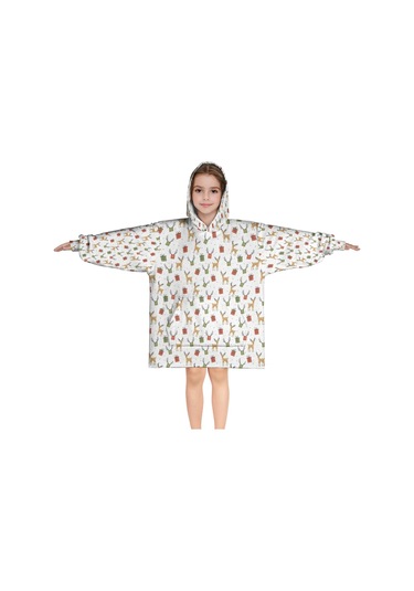 Noel Temalı 6-13 Yaş Çocuk Giyilebilir Battaniye Hoodie, Kalın Peluş, Büyük Boy Krem - Pembe