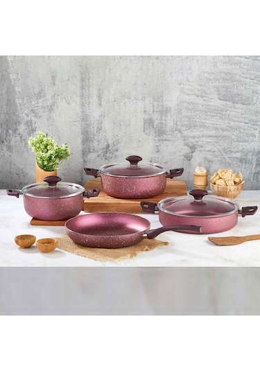 7'Li Granit Tencere Seti Fuşya Renk Papilla