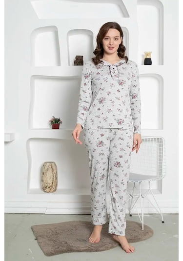 Gri Çiçek Desenli Büyük Beden Kadın Uzun Kol Anne Pijama Takımı - %100 Pamuk Penye Mevsimlik Gri Melanj