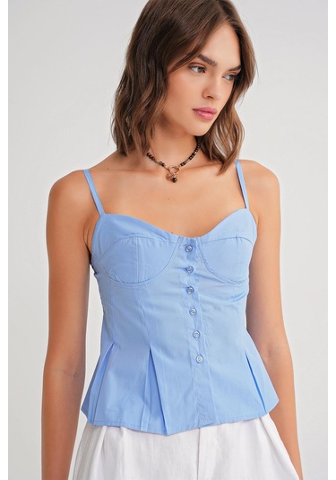 4737 Kadın Düğmeli Kuplu Pileli Bluz Mavi Mavi