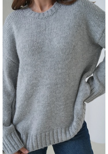 Kadın Bisiklet Yaka Yumuşak Dokulu Oversize Triko Kazak 3032 Gri