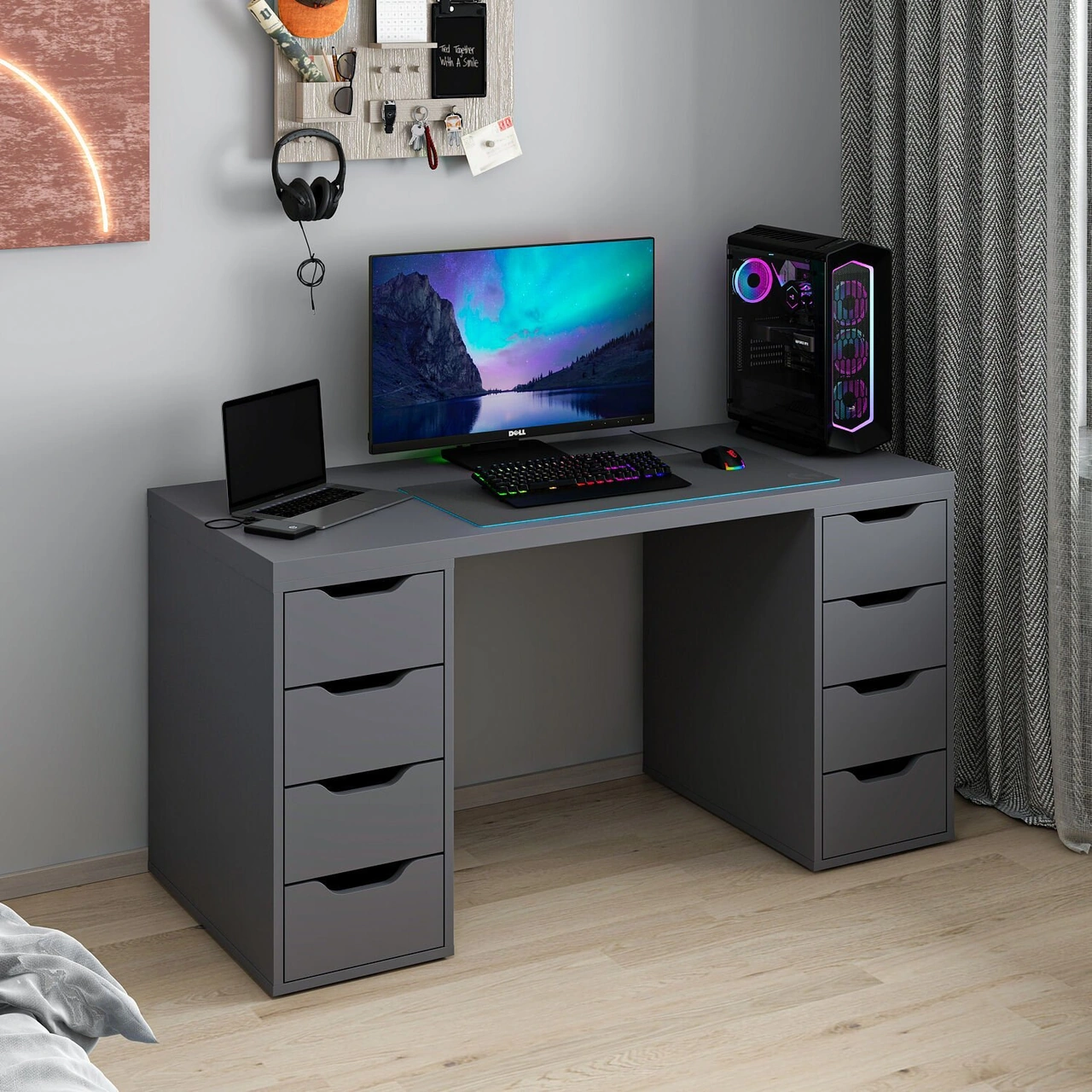 Alen 150 Cm 8 Çekmeceli Çalışma & Oyuncu Masası - Antrasit Siyah