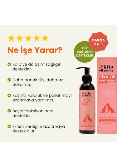 Kito Premium Kedi ve Köpekler İçin Omega 3 & 6 İçerikli Balık Yağı 200 ML