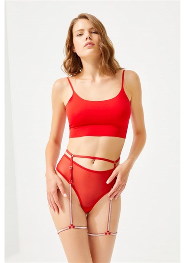 Kırmızı Ayarlanabilir Taş Detaylı Tanga Külotlu Kadın Jartiyer Kırmızı