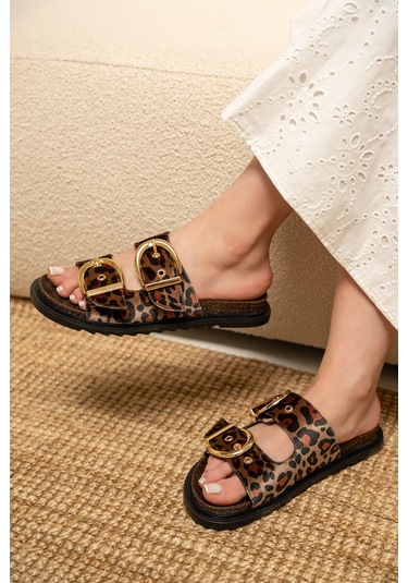 Craft Kadın Gold Toka Detaylı Terlik Leopar Süet