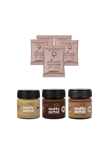 Mehmet Efendi Türk Kahvesi 100 Gr X 5 Adet & Nutty More Fındık Ezmesi Tanışma Paketi 200 Gr X 3 Adet