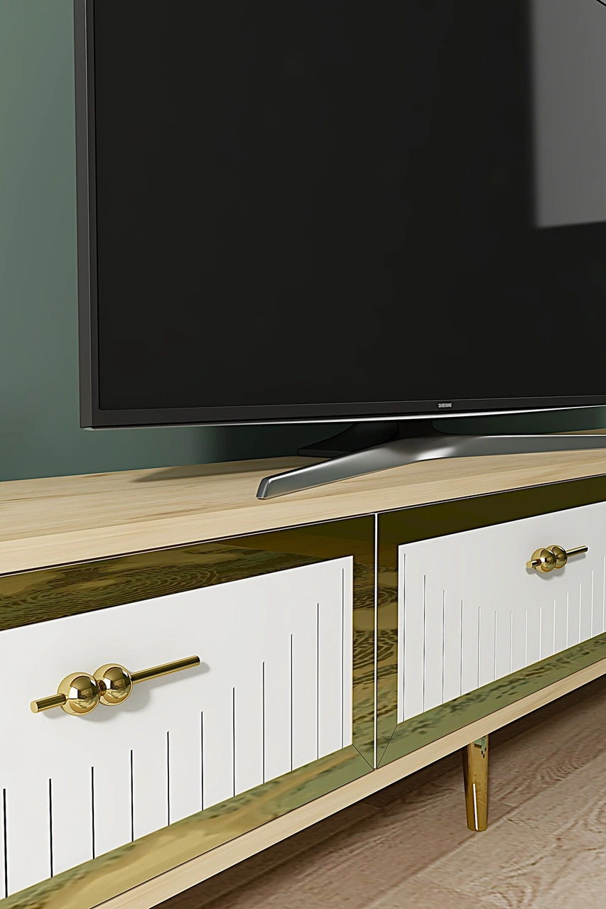 Tsa1802dbg - Tuna Tv Stand, Tv Sehpası Safirmeşe-beyaz-gold 180cm Beyaz