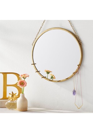 Zincirli Dekoratif Metal Duvar Aynası Gold