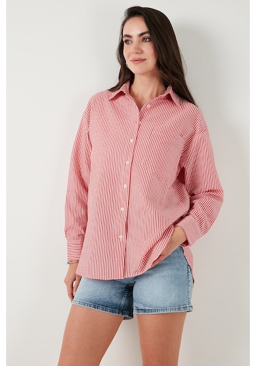 Lela Regular Fit Uzun Kollu Cepli Çizgili Bayan Gömlek 6772895 Kırmızı