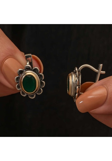 Gümüş Yeşil Çiçek Desenli Otantik Kadın Küpe Gümüş