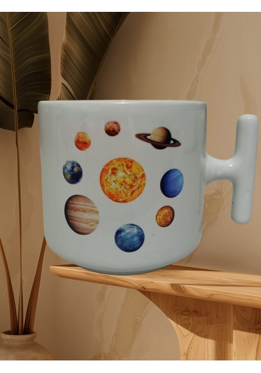 Gezegenler Çift Taraf Baskılı T Kupa Bardak Beyaz T