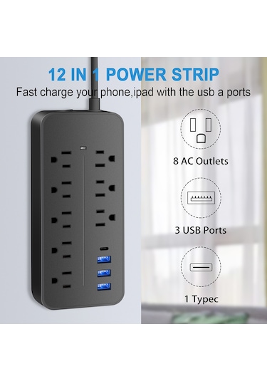 Moveevo Beyaz Abd Standart 8 Prizi 3 Usb + 1 Type-c 1.2m Kablolu Akıllı Çoklu Şarj Cihazı Fırtına Ve Aşırı Yük Korumalı