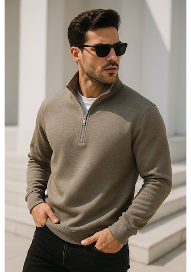 Rich Erkek Bej Yarım Fermuarlı Sweatshirt Bej