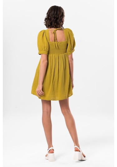 Kısa Kol Lara Kare Yaka Bağlama Detaylı Yazlık Müslin Elbise Yağ Yeşili Ygysl-yağ Yeşili Yeşil