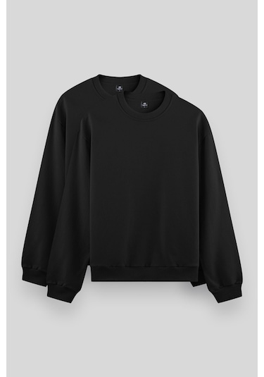 Standart Fit Basic O Yaka 2li Paket Siyah Erkek Sweatshirt - 88053 Siyah