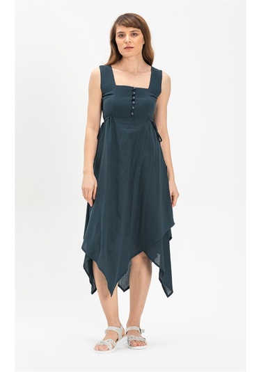 Kolsuz Şile Bezi Üçgen Katlı Midi Boy Elbise Petrol Ptrl Petrol