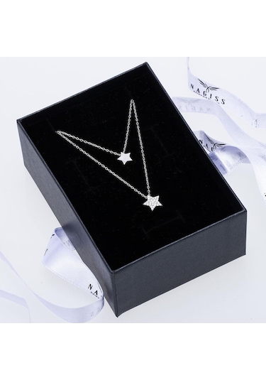 Nagıss Yıldız Model Zirkon Taşlı 925 Ayar Gümüş İkili Kadın Kolye
