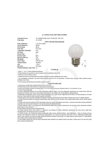 1W Gece Led Ampul Beyaz Işık