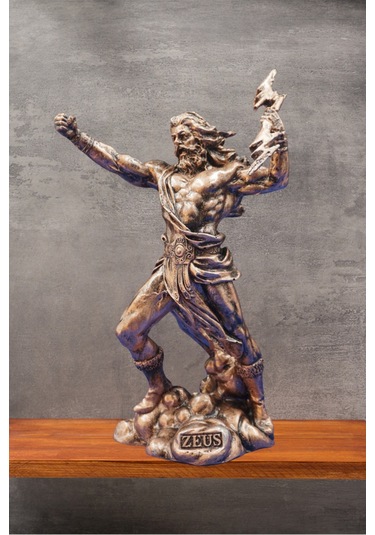 Zeus Heykel Biblo Mitolojik Tasarım - Ev Ofis Dekoratif Hediyelik Aksesuar 25 Cm Bakır