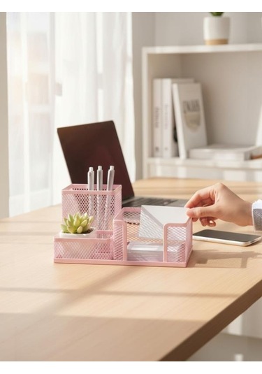 Need Nd-1033 Metal Mesh Masaüstü Organizer 3 Bölmeli, Çok Amaçlı Düzenleyici Pembe