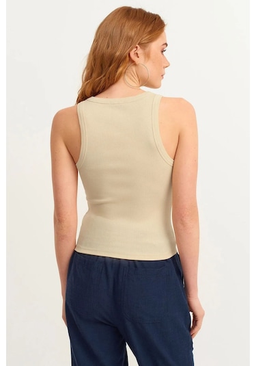 Mea Capio Kadın Krem Fitilli T-shirt Halter Yaka Örme Atlet Krem